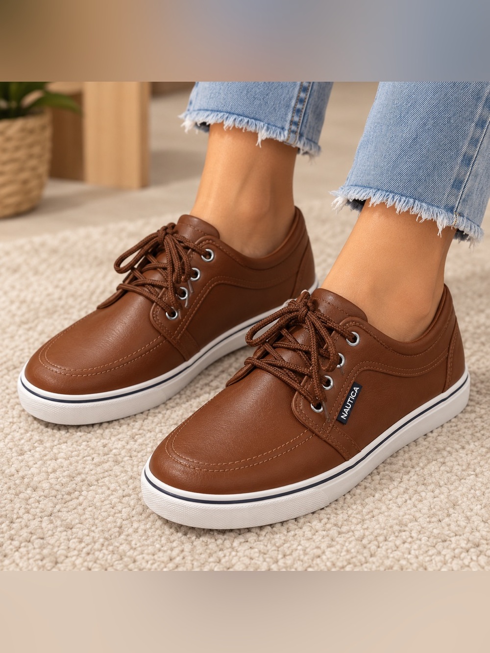 Nautica Men's Brown Lace-Up Boat Sneakers with White Sole